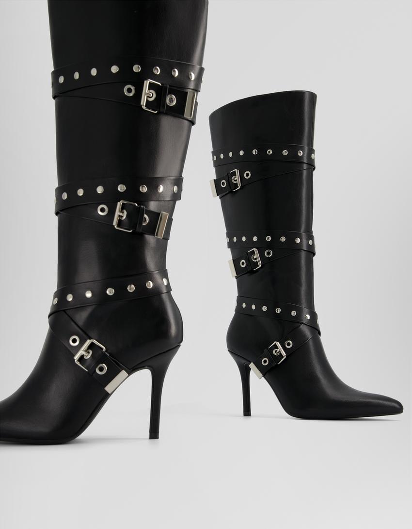 Bottes talon aiguille avec lanières, clous et boucles-Noir-4