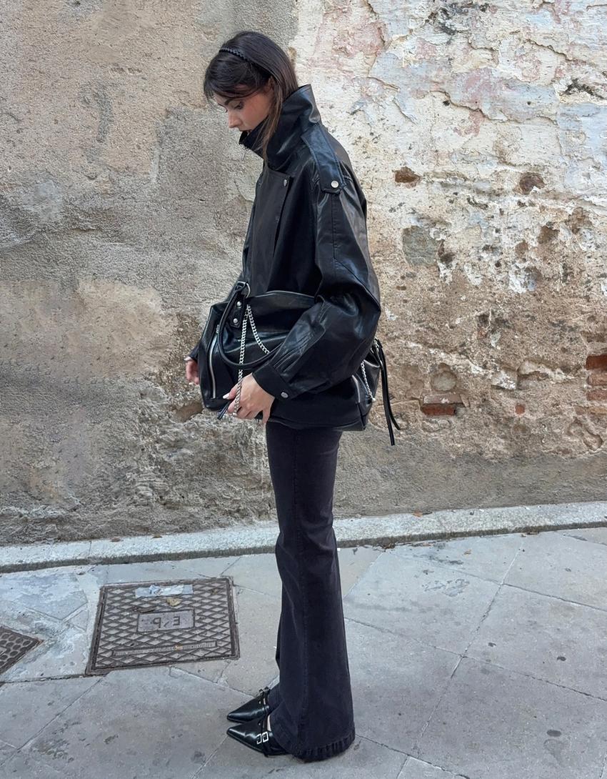 Belted leather effect jacket-Black