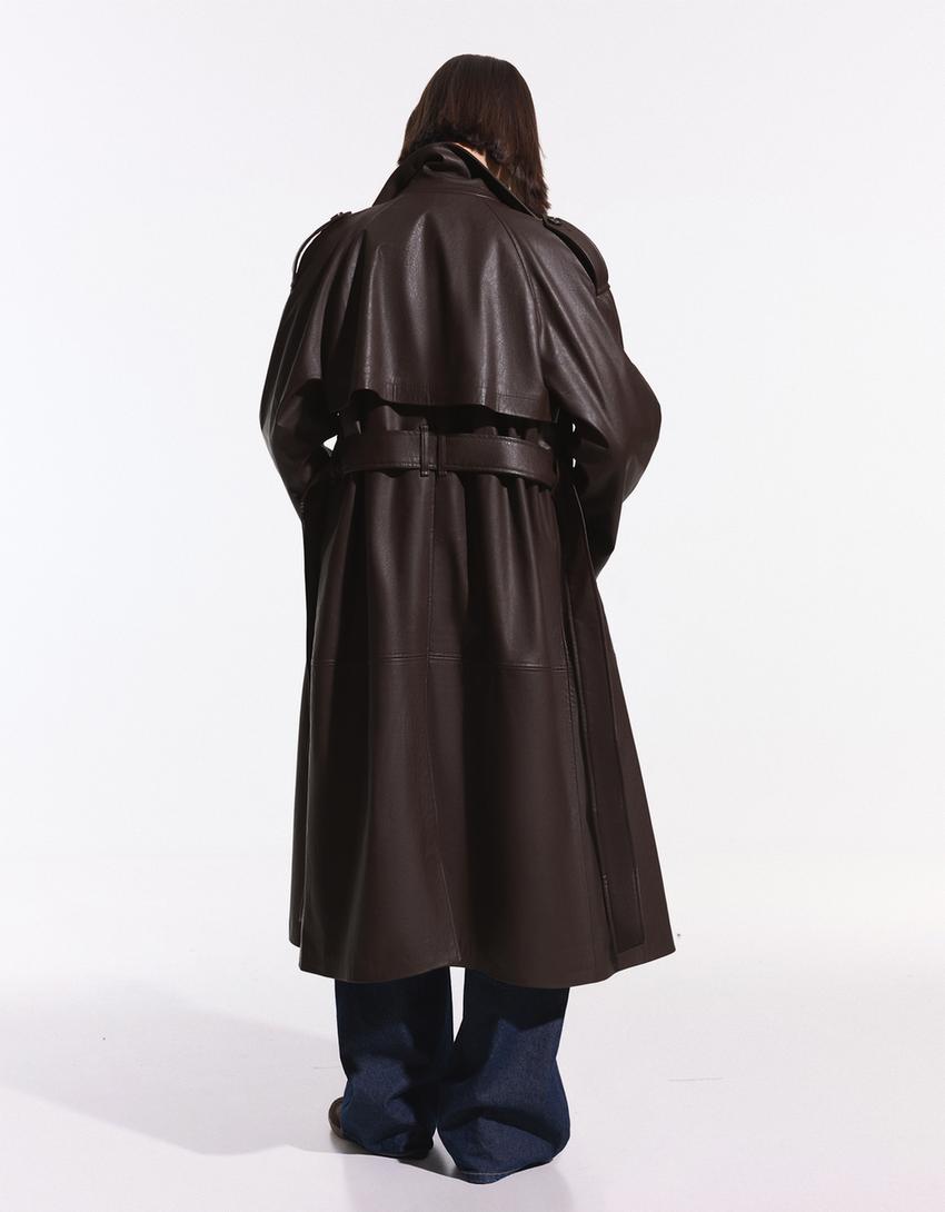 Faux leather trench coat-Brown