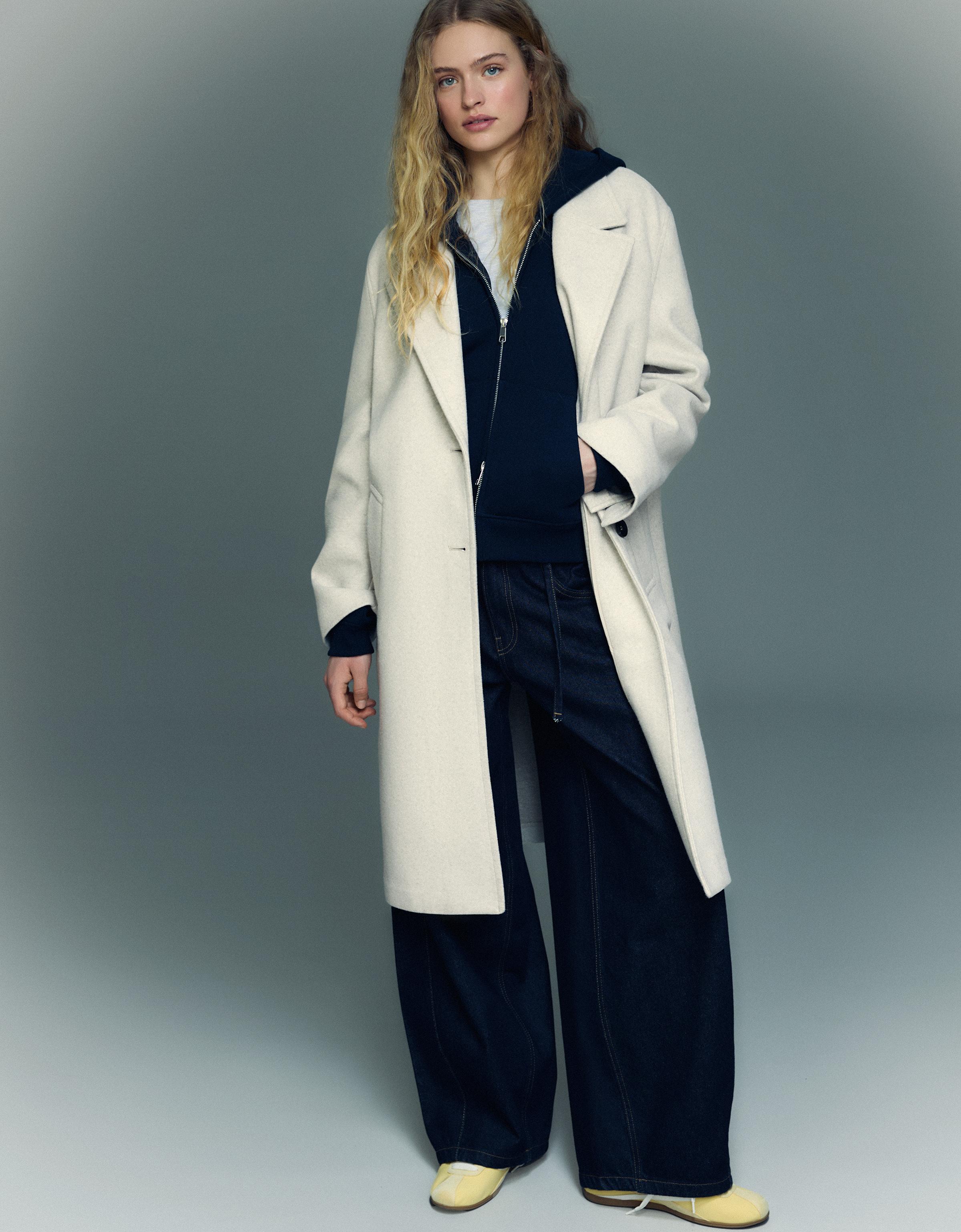 Bershka Langer Soft-Mantel Damen Xs Sandfarbe