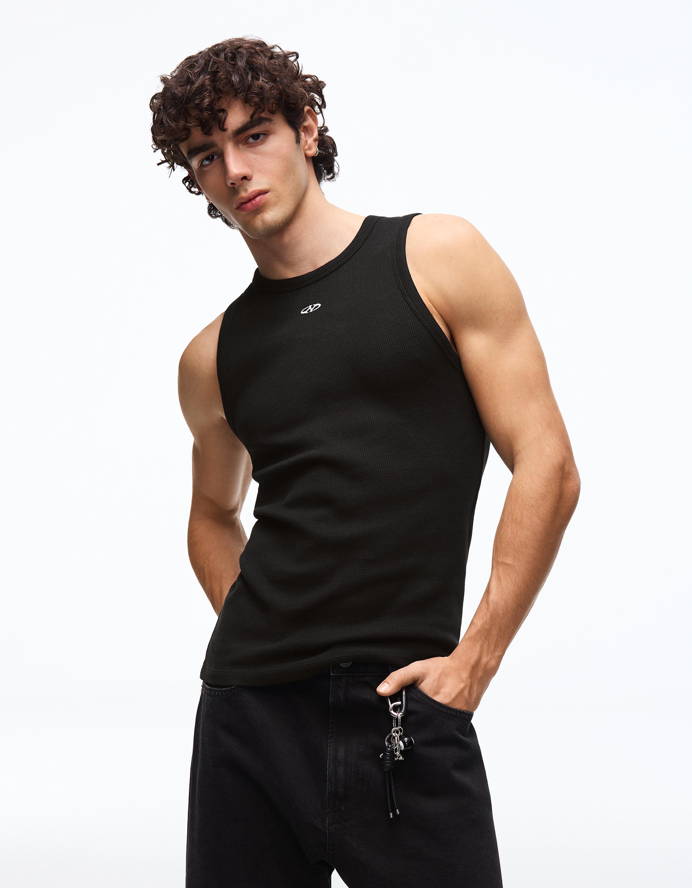 Bershka Trägershirt Mit Waffelstruktur-Print Herren S Schwarz