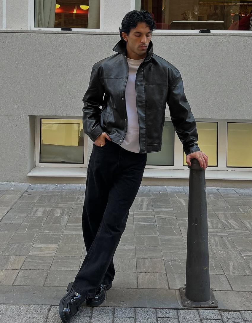 Suni deri boxy fit ceket-Siyah