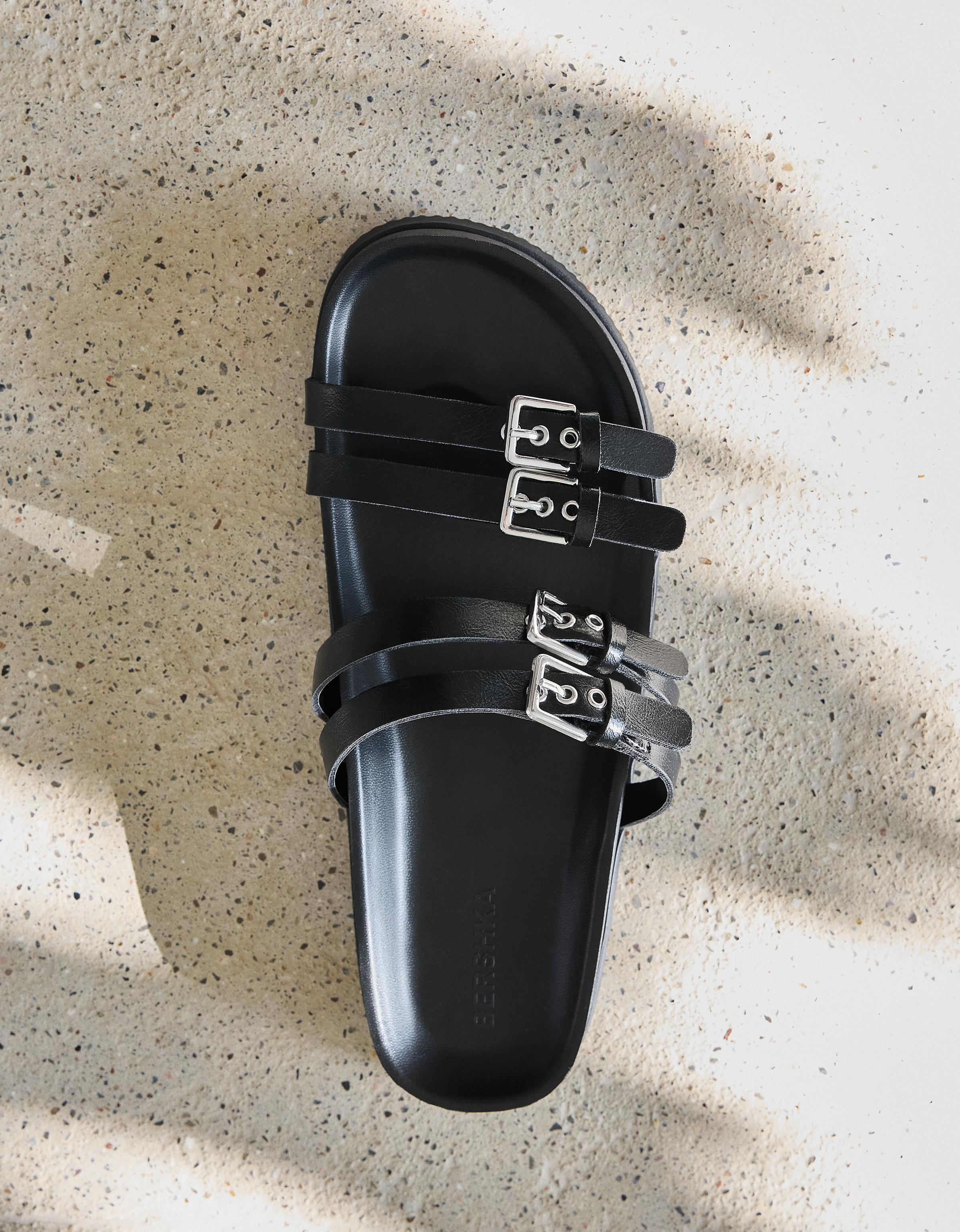 Double buckle flat slider sandals — BLACK