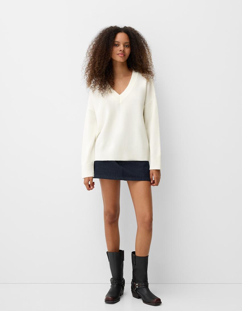 Oversize-Pullover mit V-Ausschnitt-Rohweiß-3