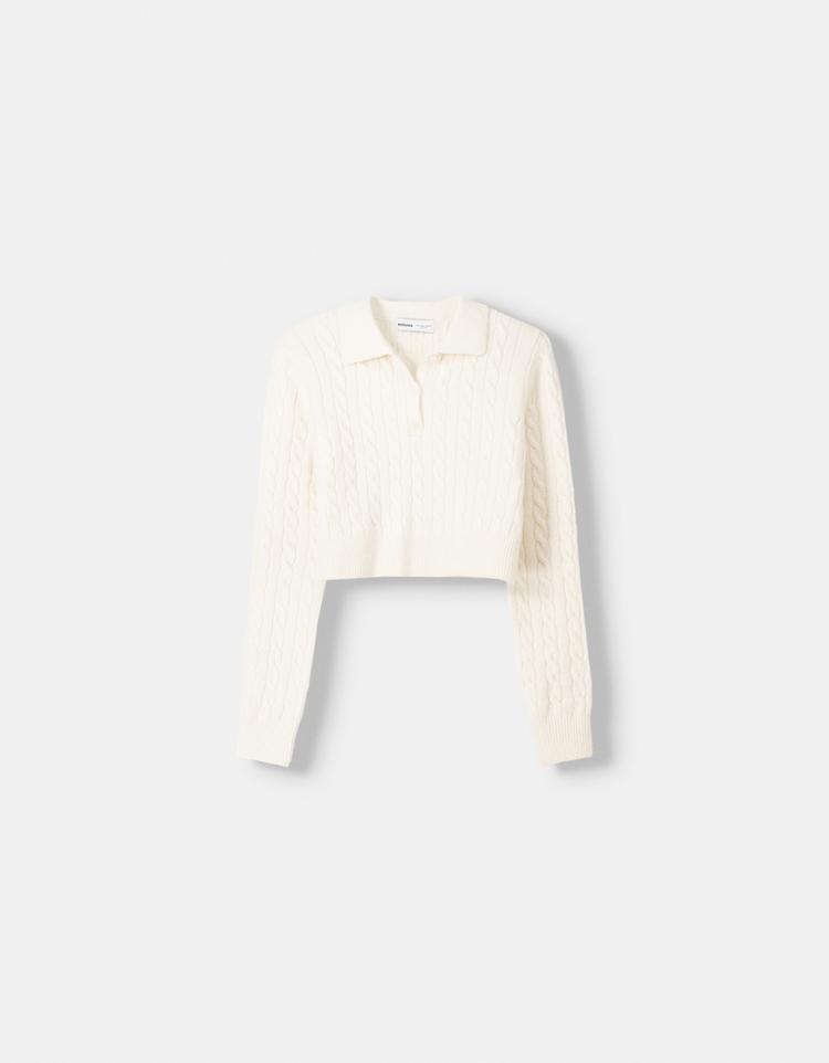 Cable-knit polo collar sweater
