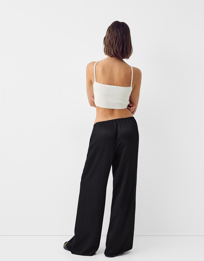 Wide-leg sateen pants-Black-2