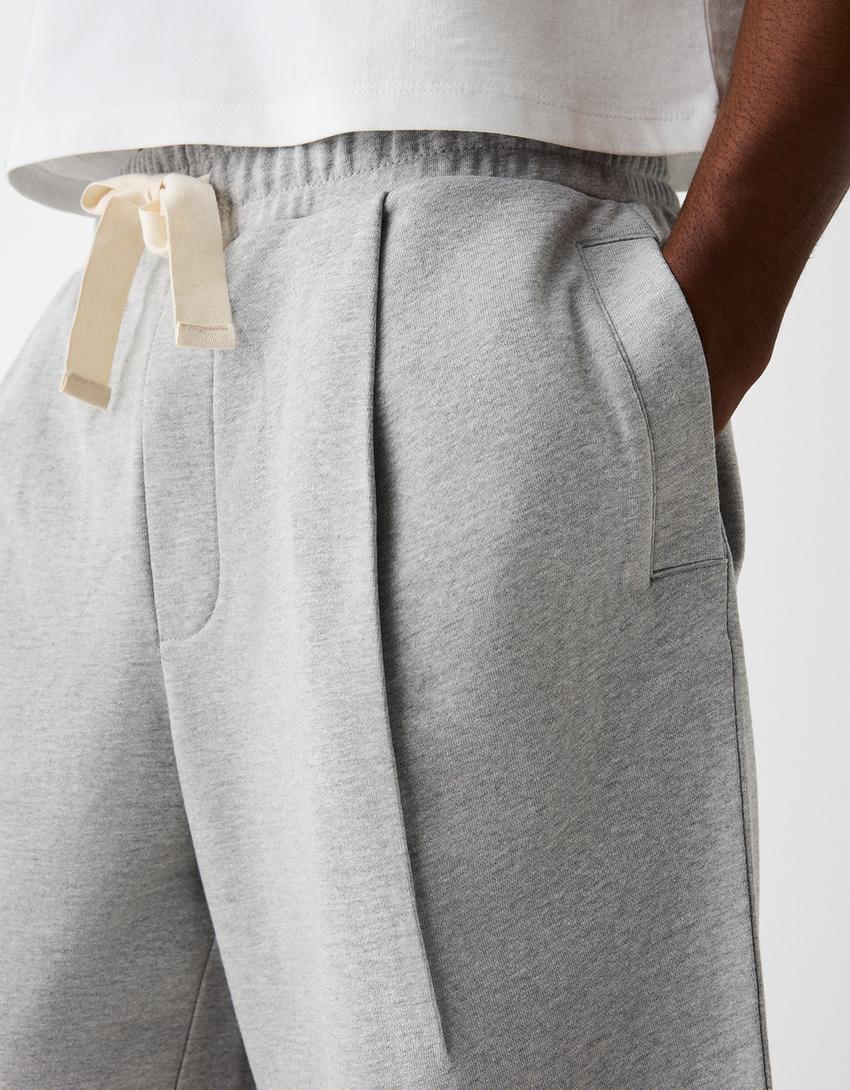 Calções bermuda baggy pinças-Cinza-5