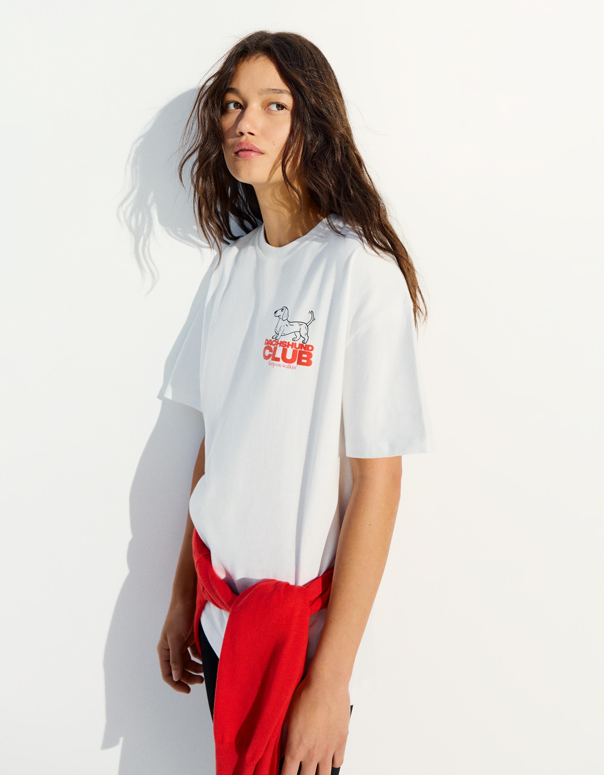 Camiseta Manga Corta Oversize Print Mujer L Blanco Roto