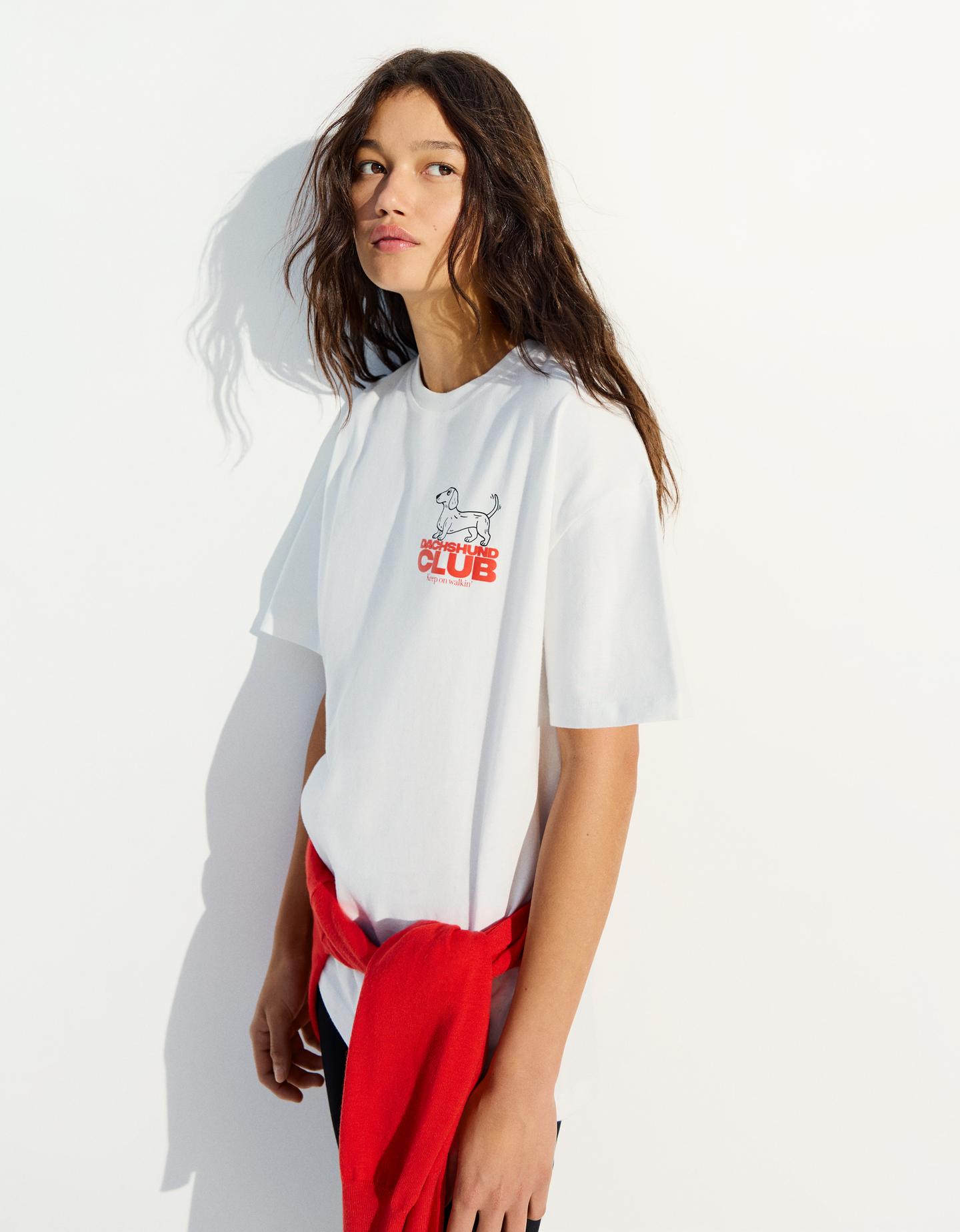 Bershka Camiseta Manga Corta Oversize Print Mujer Blanco Roto