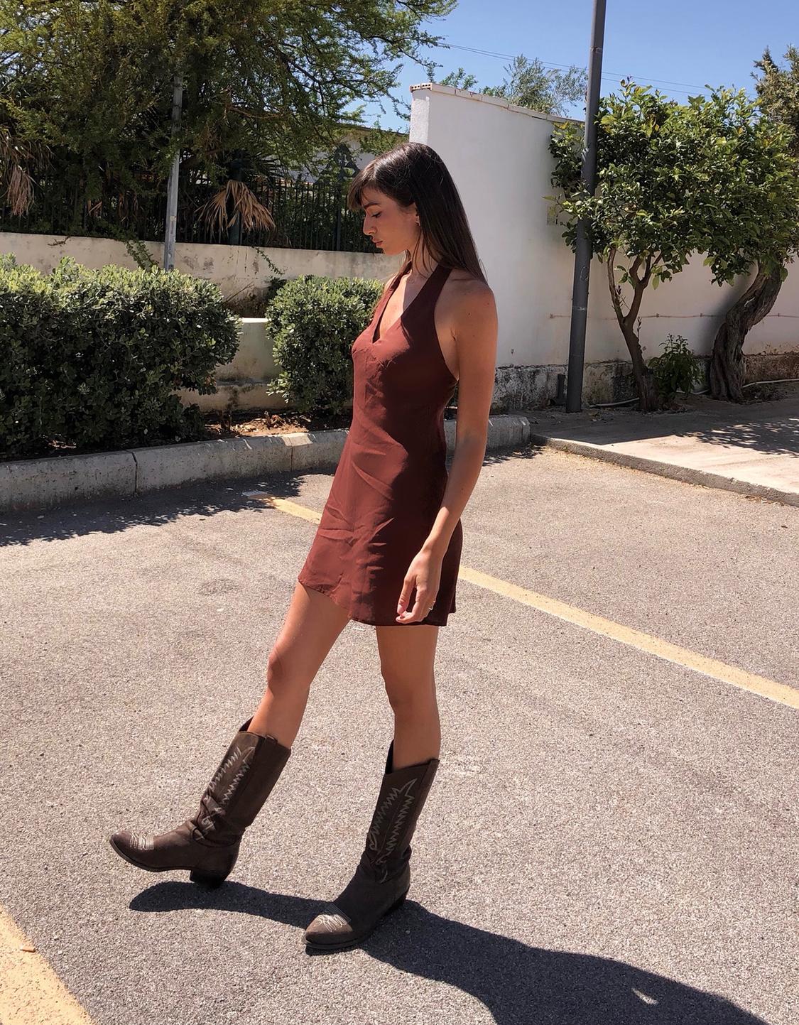 Linen blend halter mini dress