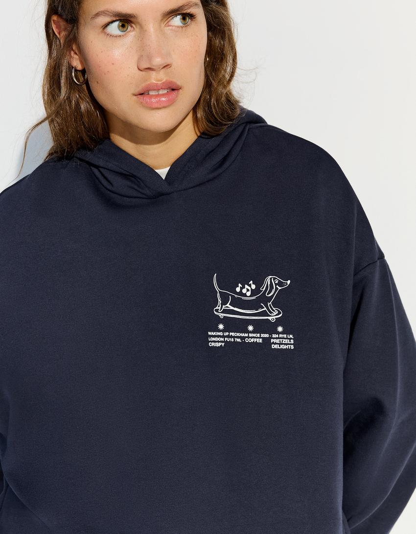 Baskılı kapüşonlu sweatshirt-Denizci mavisi