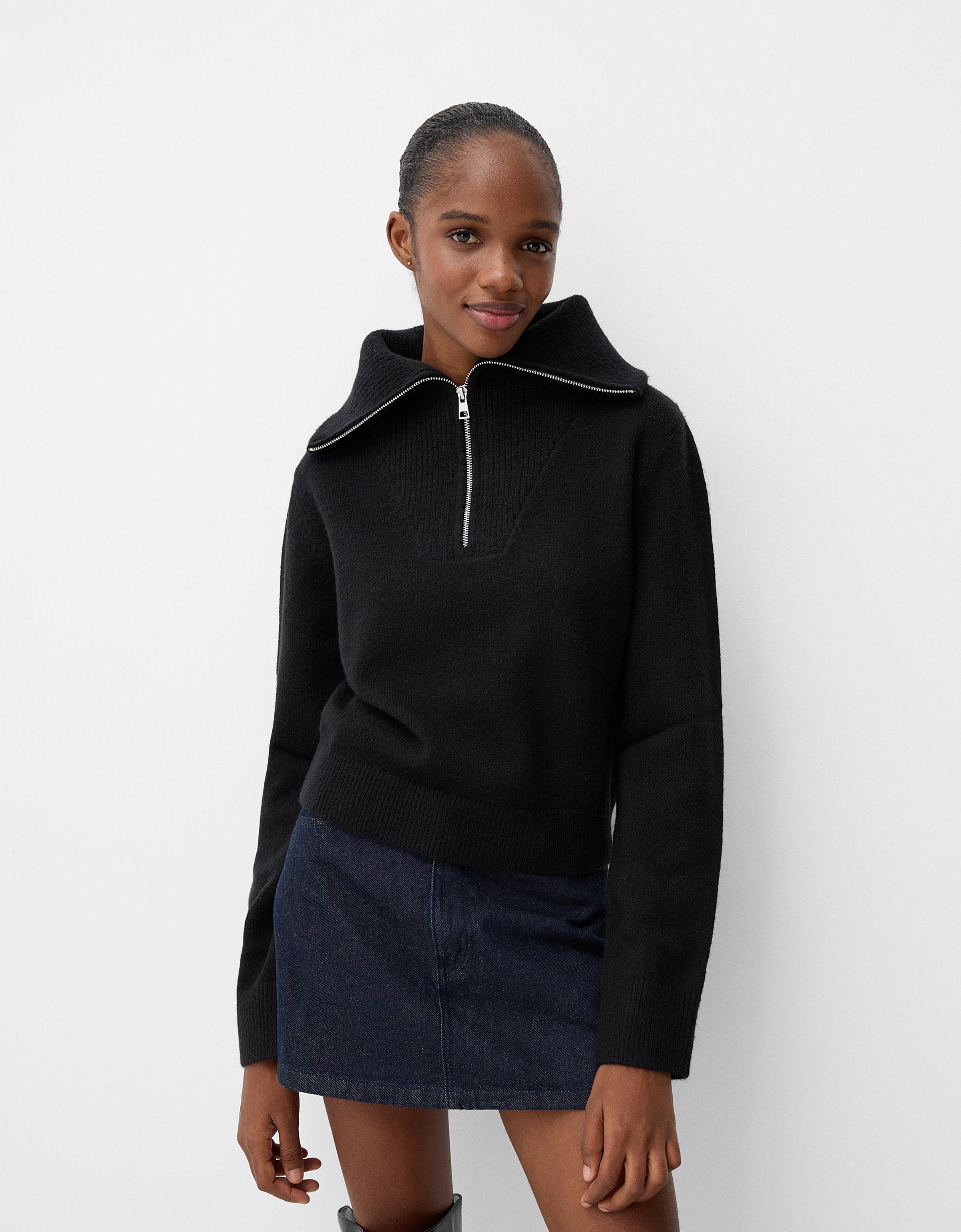 Bershka Sportlicher Rollkragenpullover Mit Reißverschluss Damen M Schwarz