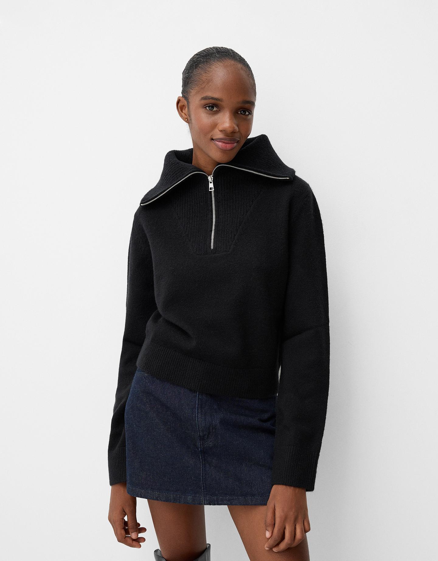 Bershka Sportlicher Rollkragenpullover Mit Reißverschluss Damen Xs Schwarz günstig online kaufen