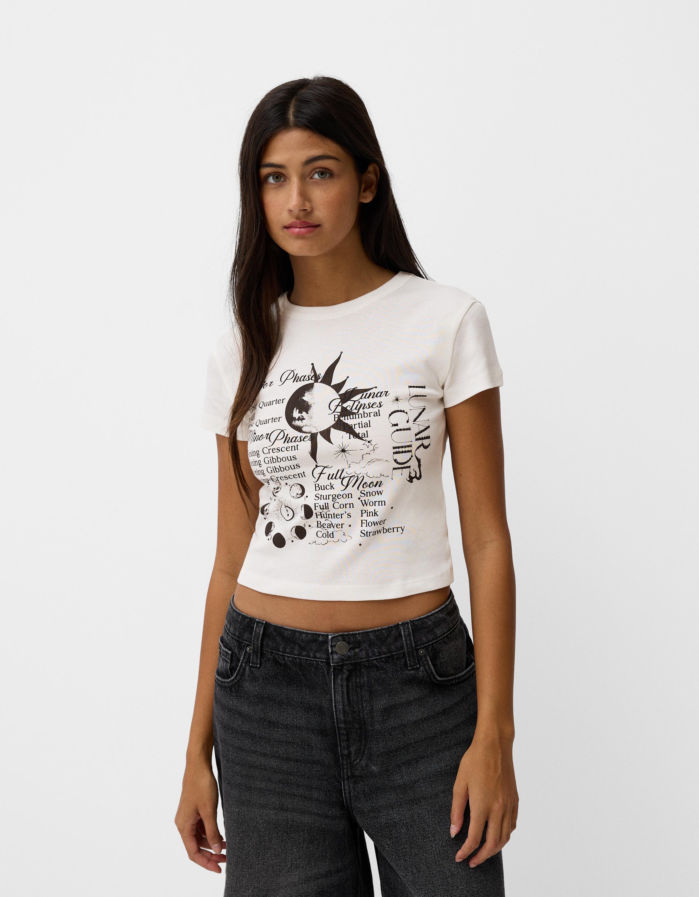 Bershka T-Shirt Mit Print Damen M Rohweiß