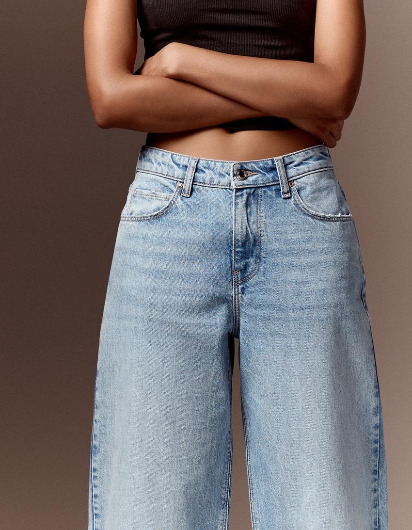 Vintage yıkamalı yüksek bel wide leg jean-Açık mavi
