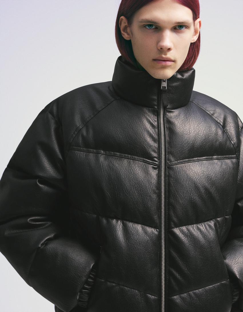 Puffy leather effect jacket-Black