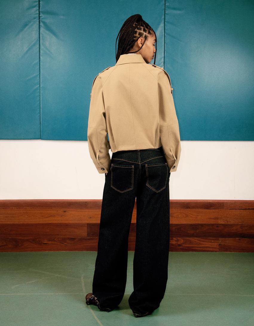 Trucker jacket with belt-Beige-2