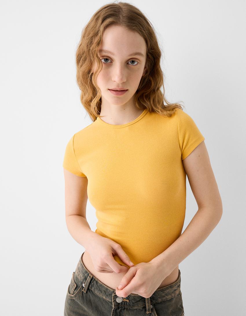 Kısa kollu bisiklet yaka t-shirt-Hardal-2