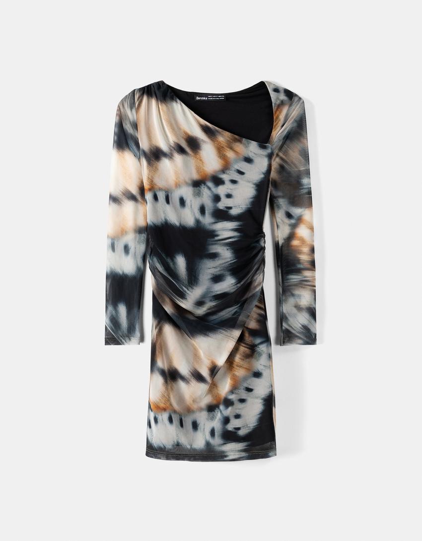 Vestido mini de manga comprida em tule assimétrico com estampado-Preto-5