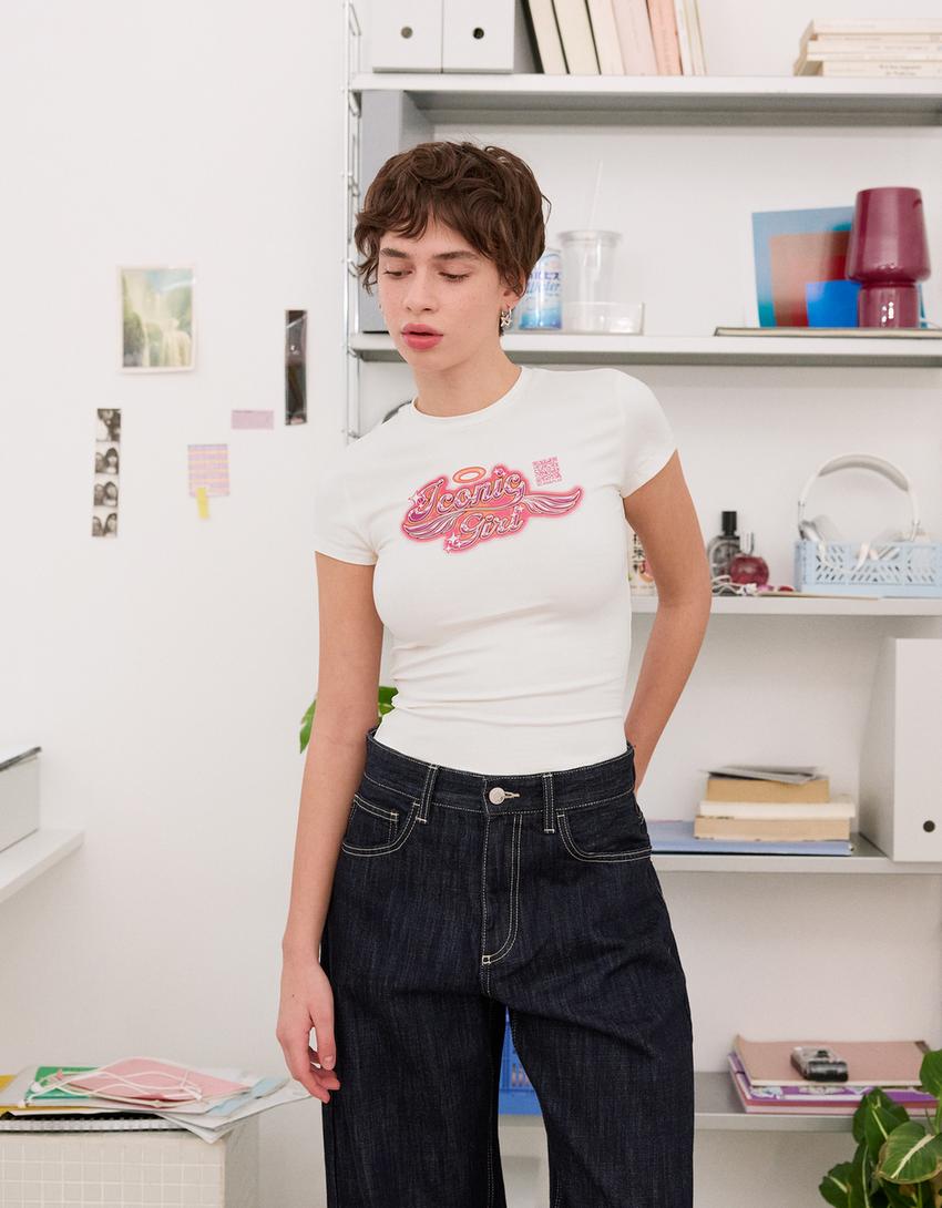 Koszulka z krótkim rękawem Bershka Wearable Art-Biały złamany-3