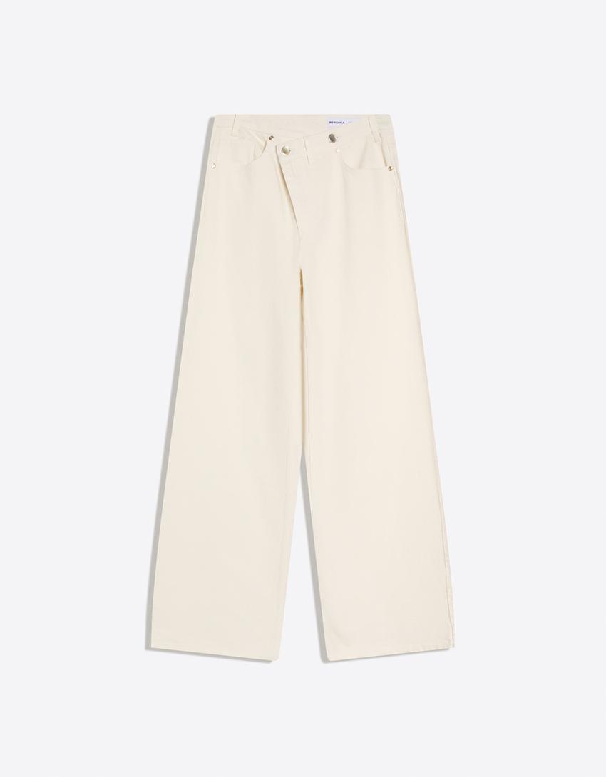 Çapraz bel detaylı yüksek bel geniş paça jean-Krem
