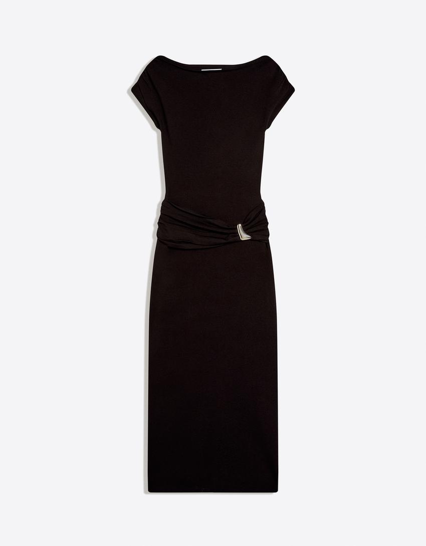 فستان ميدي بحزام-أسود