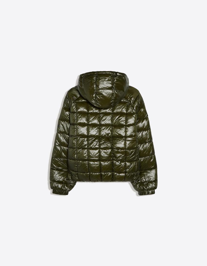 Hooded grid puffer jacket-Khaki