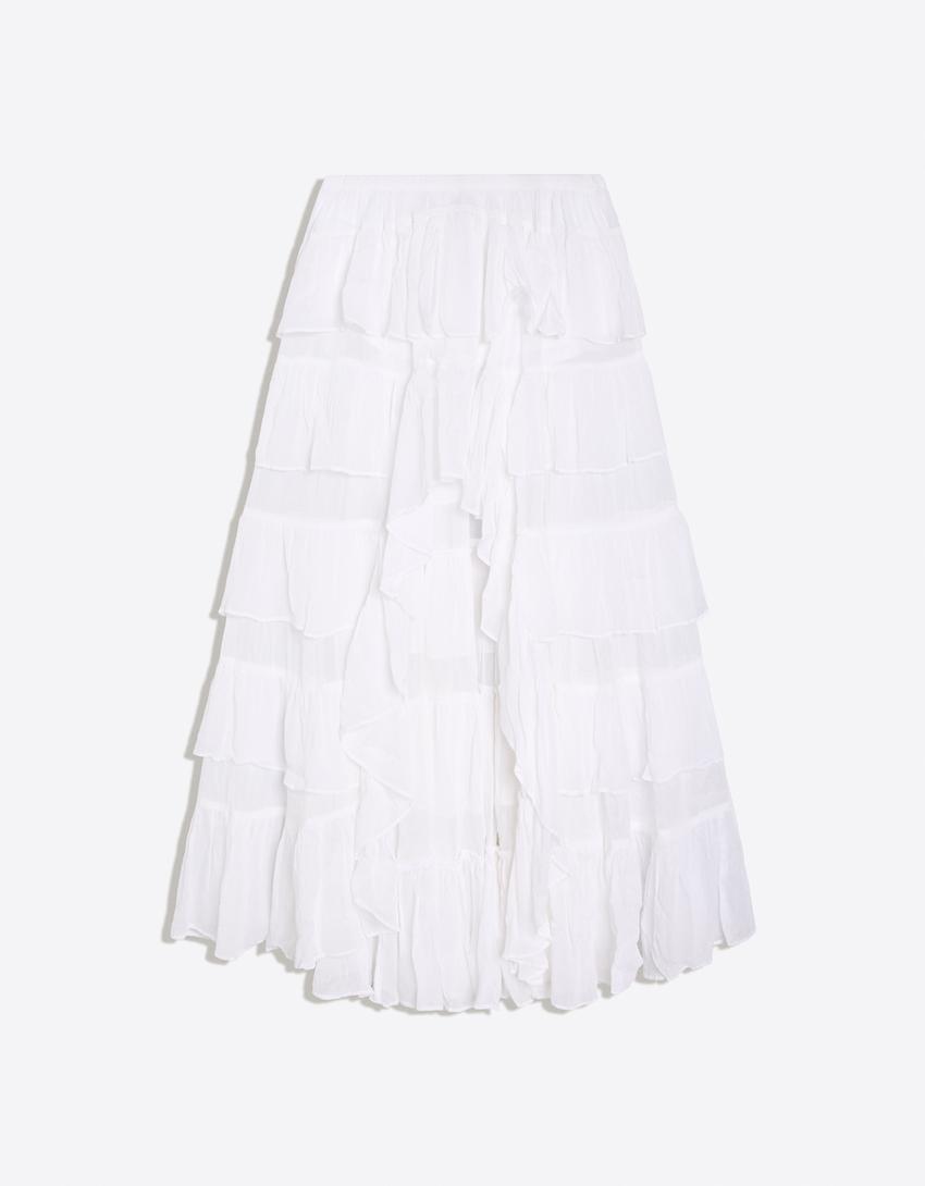 Jupe asymétrique à volants-Blanc
