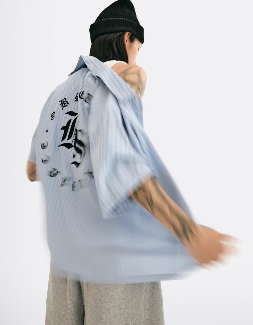 Chemise manches courtes brodée-Bleu