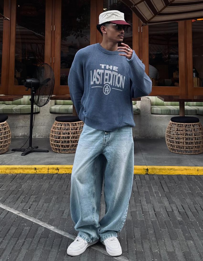 Bisiklet yaka boxy fit baskılı kazak-Mavi