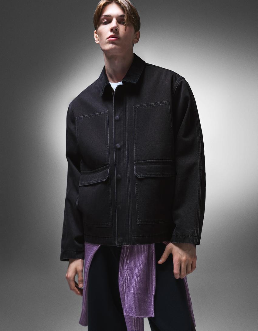 Jeansjacke mit Taschen-Schwarz