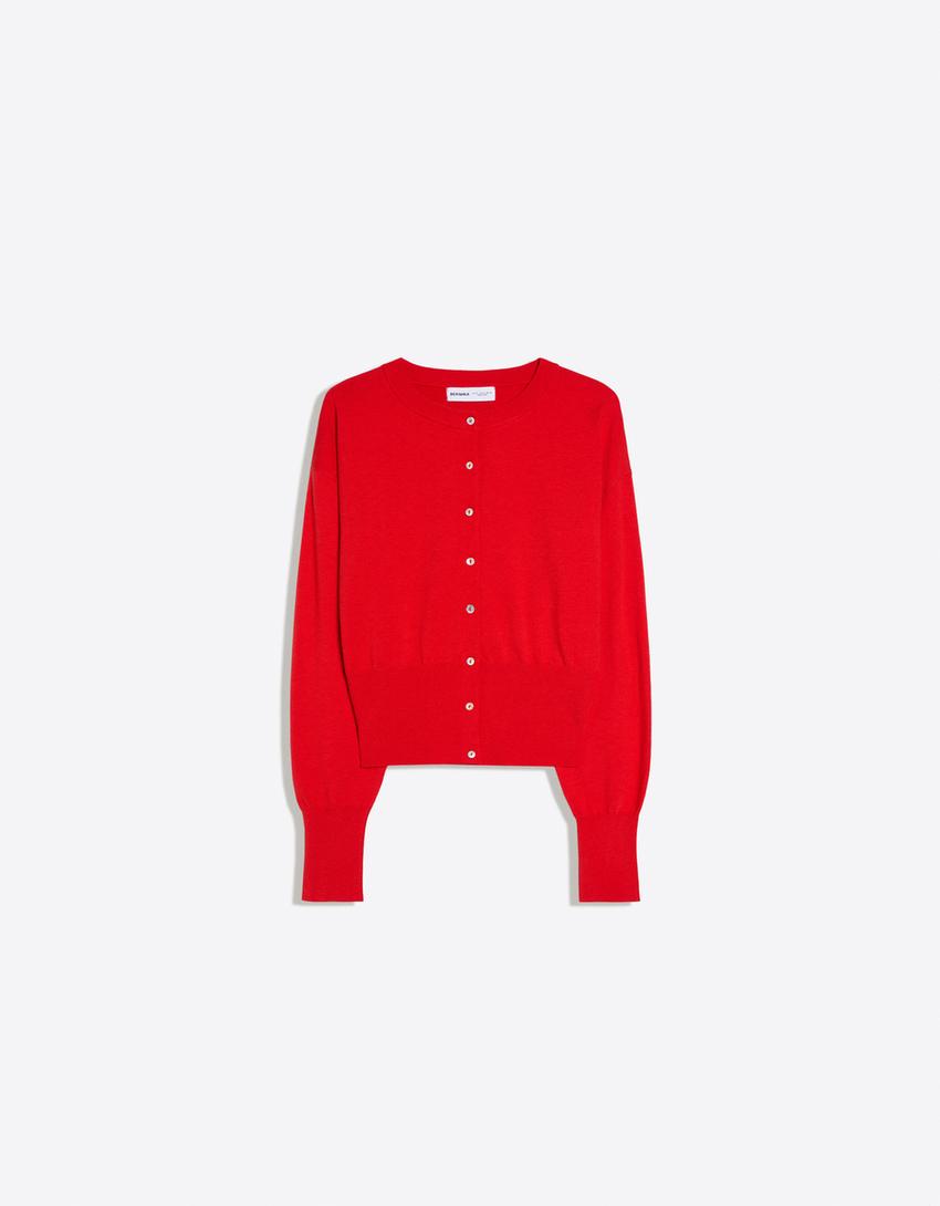Striped crew neck button-up jacket-Red