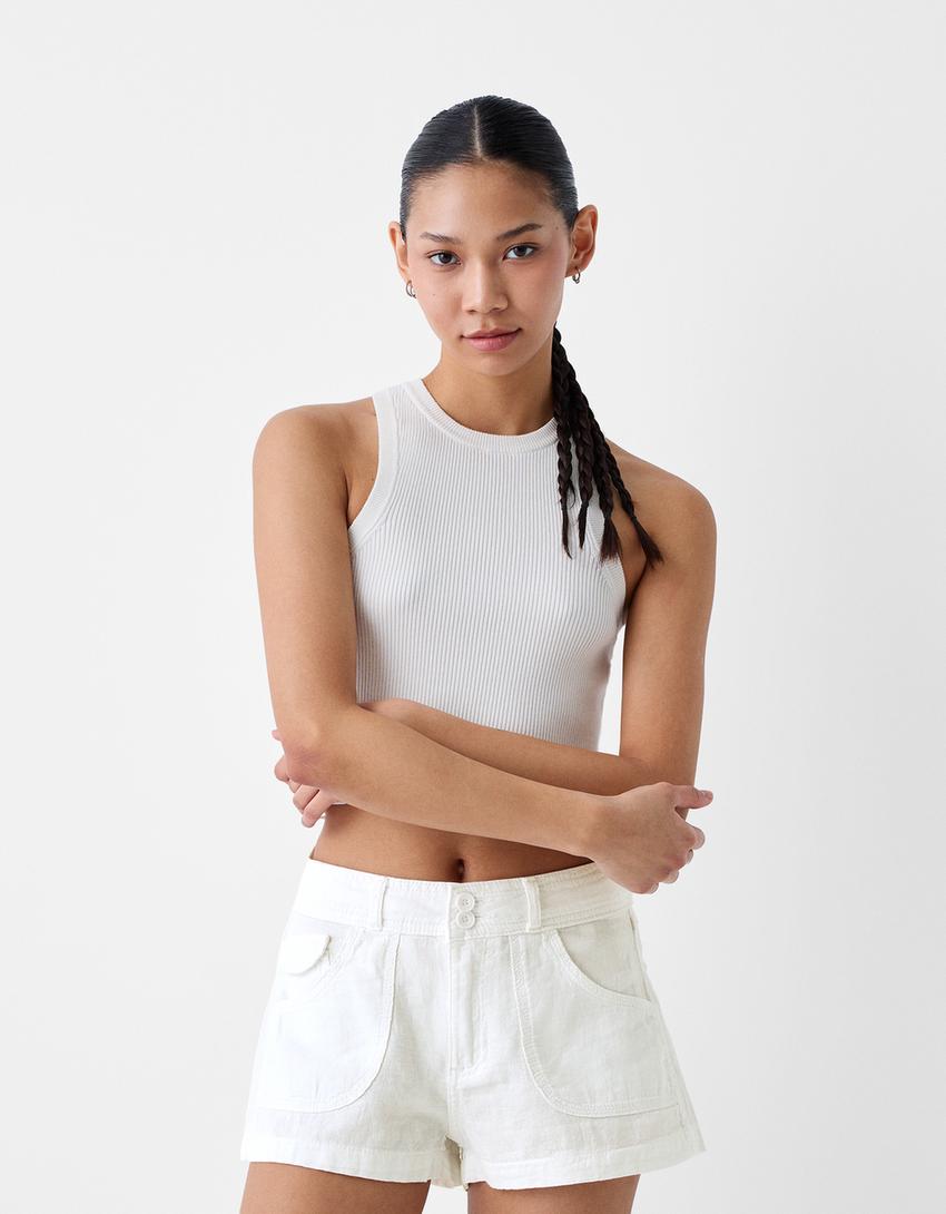 İki düğmeli şort-Krem-1