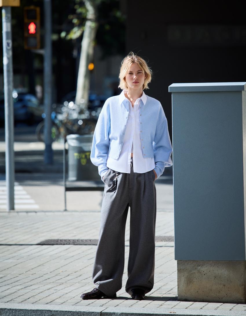 Cardigan en maille côtelée-Bleu clair