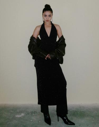 Shimmery halter neck midi dress