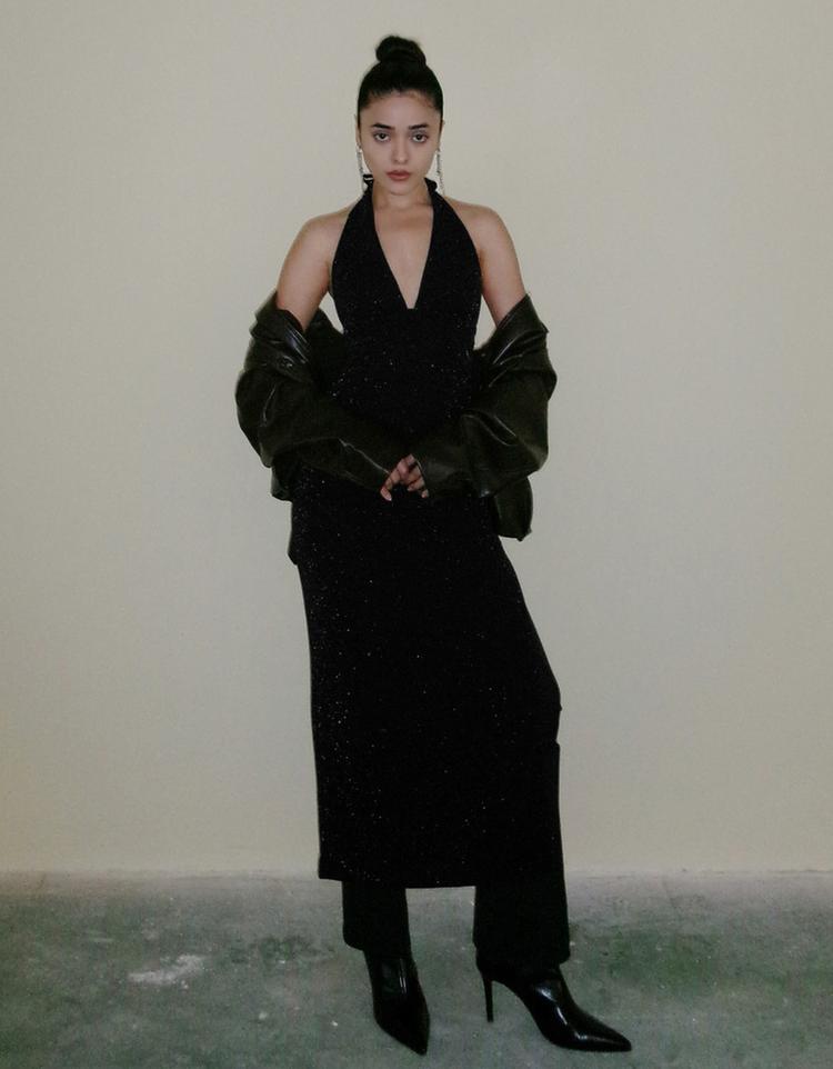 Shimmery halter neck midi dress