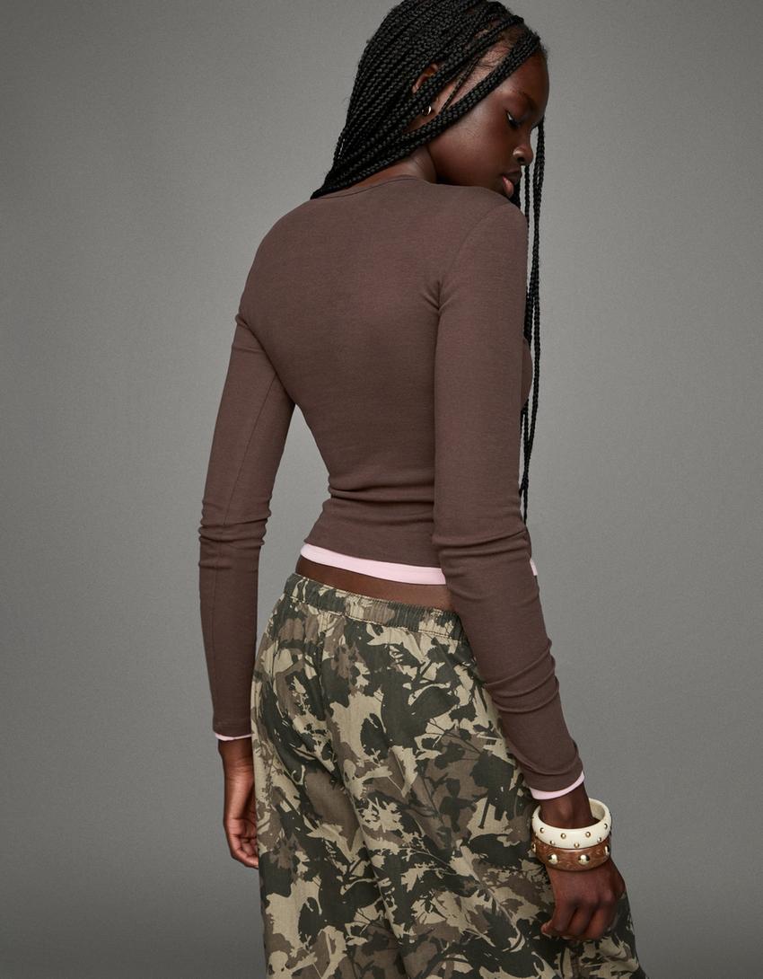 Long sleeve top-Brown-1