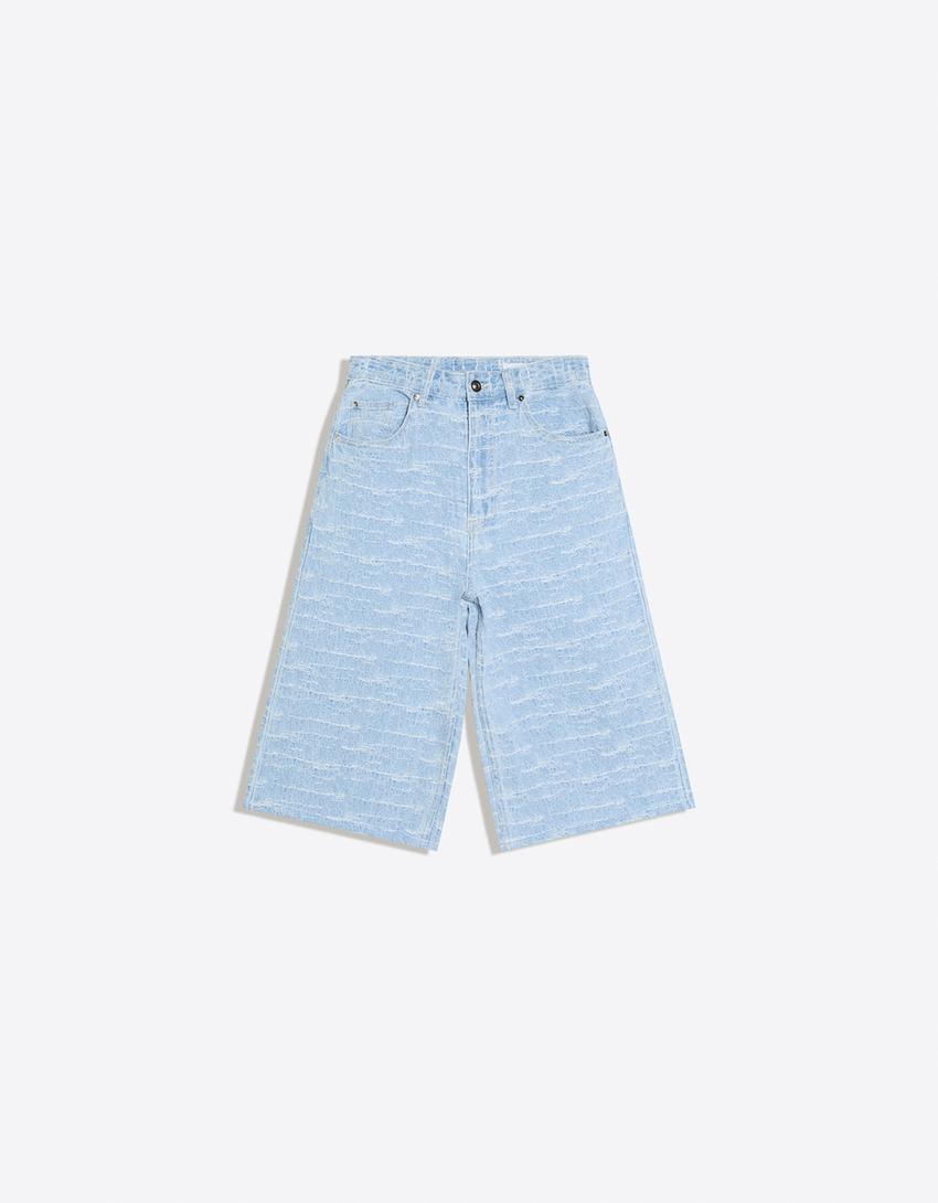 Bermuda in denim super baggy fit con texture-Azzurro Chiaro