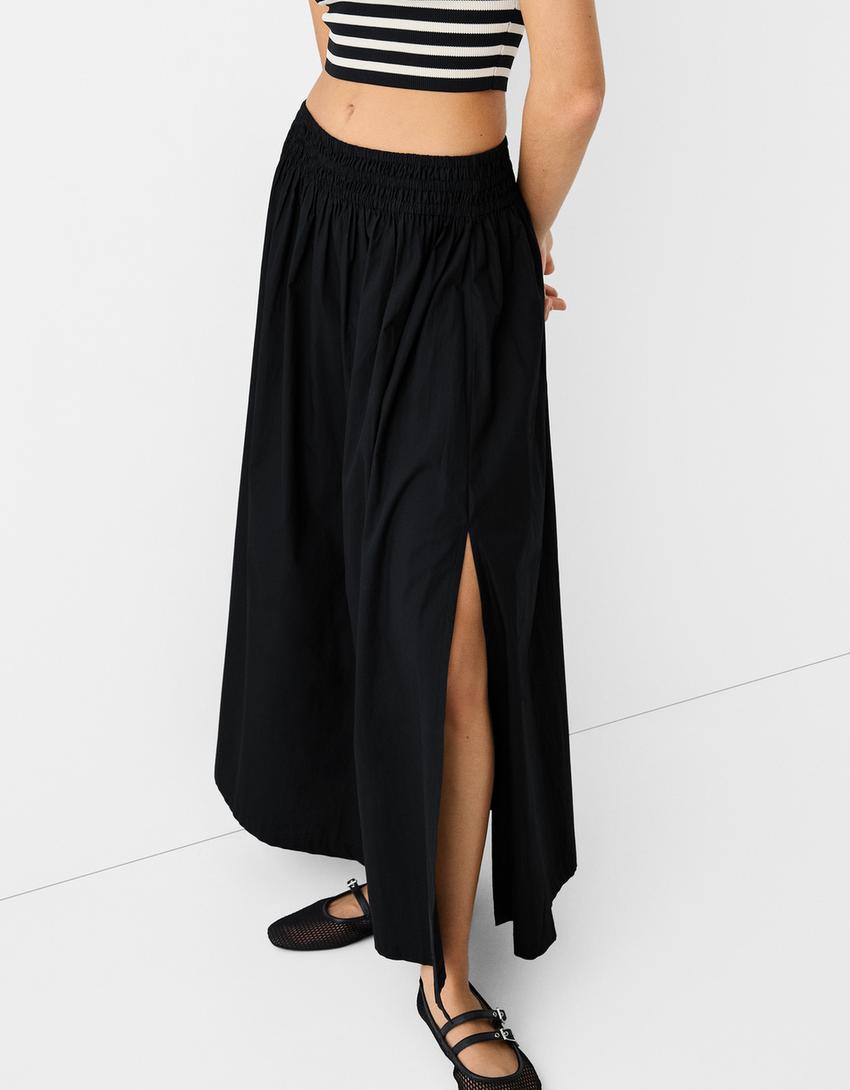 Poplin midi skirt with elastic waistband-Black-3