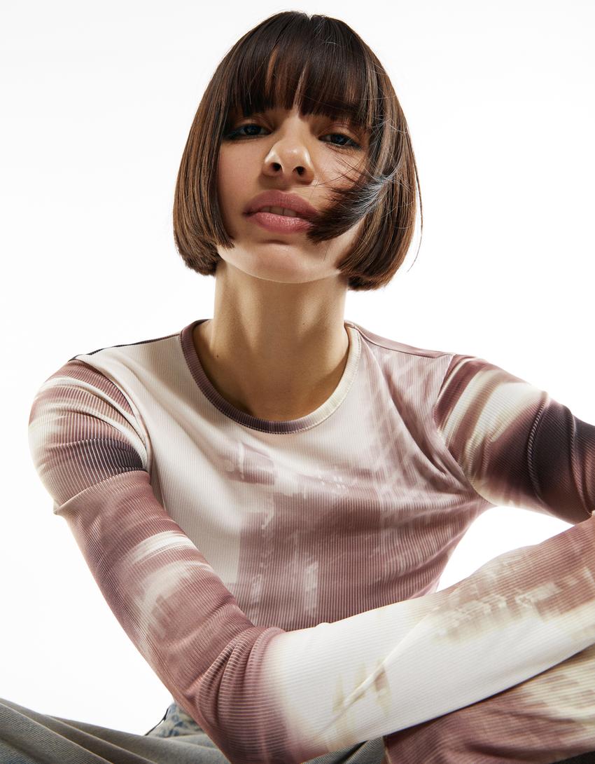 Uzun kollu desenli fitilli t-shirt-Krem-2