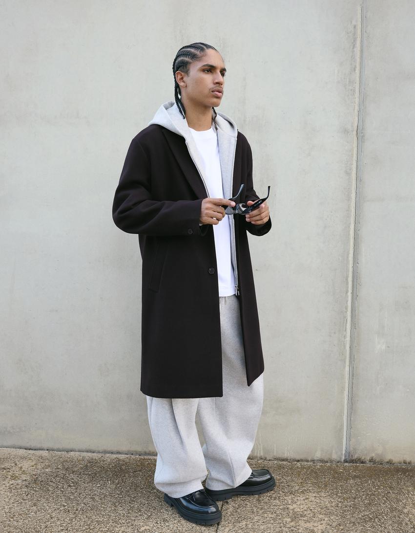 Long felt texture coat-Black