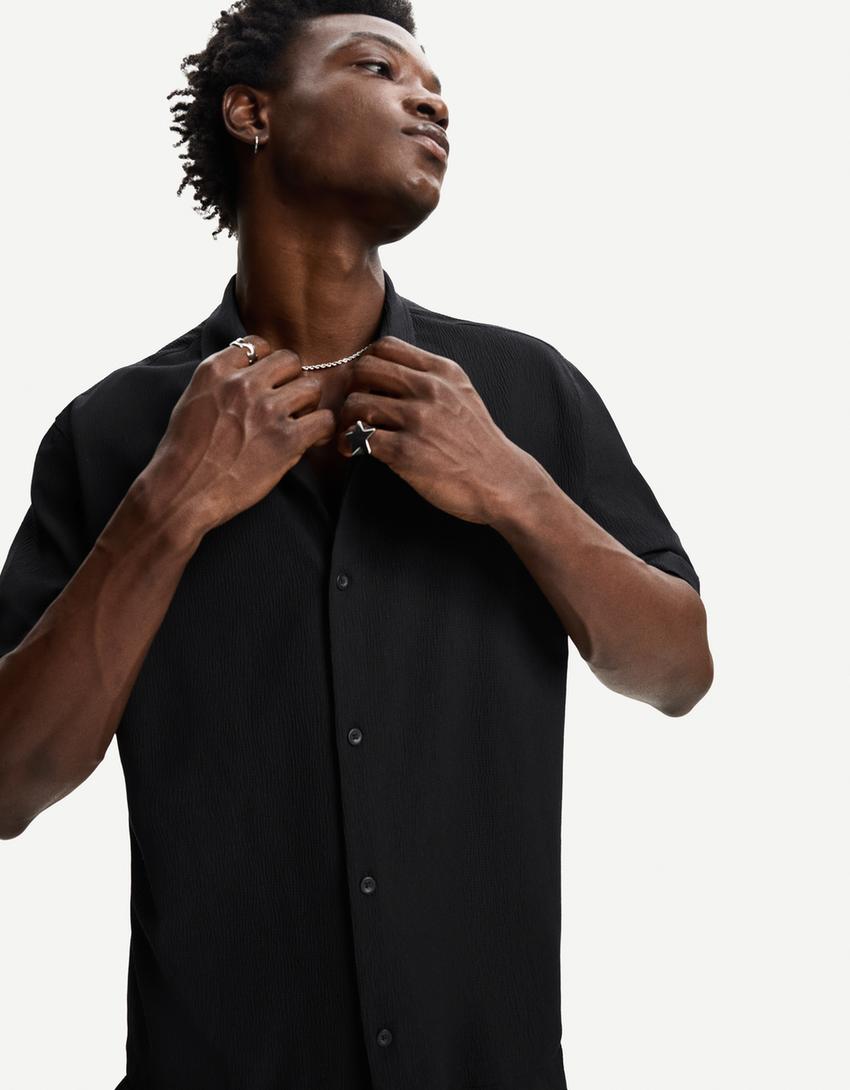 Camisa manga corta plisada-Negro-2