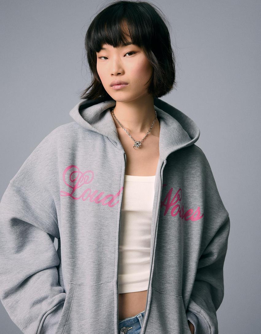 Fermuarlı desenli oversize kapüşonlu sweatshirt-Gri
