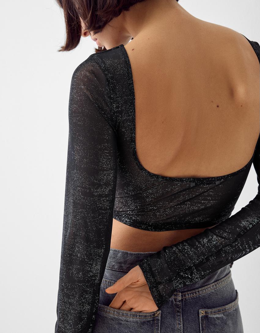 تيشرت ممعدن وأكمام طويلة وفتحة في الخلف-أسود-2