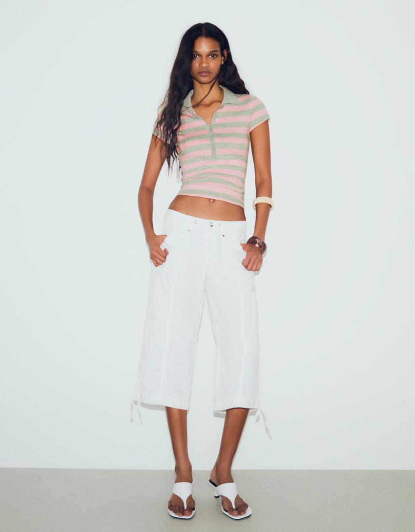 Kaus polo lengan pendek bergaris-Merah muda