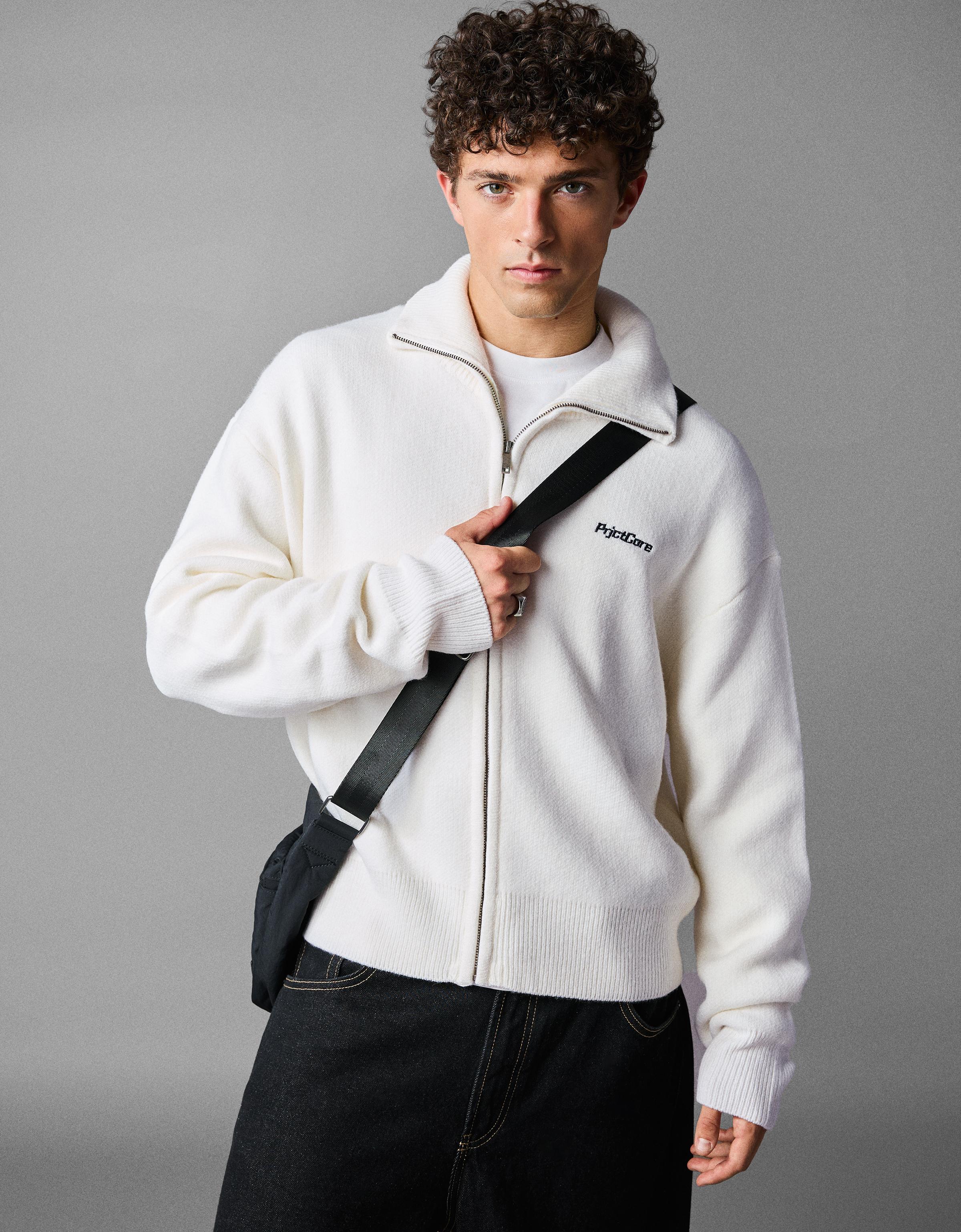 Bershka Chaqueta Punto Cremallera Boxy Hombre Blanco Roto