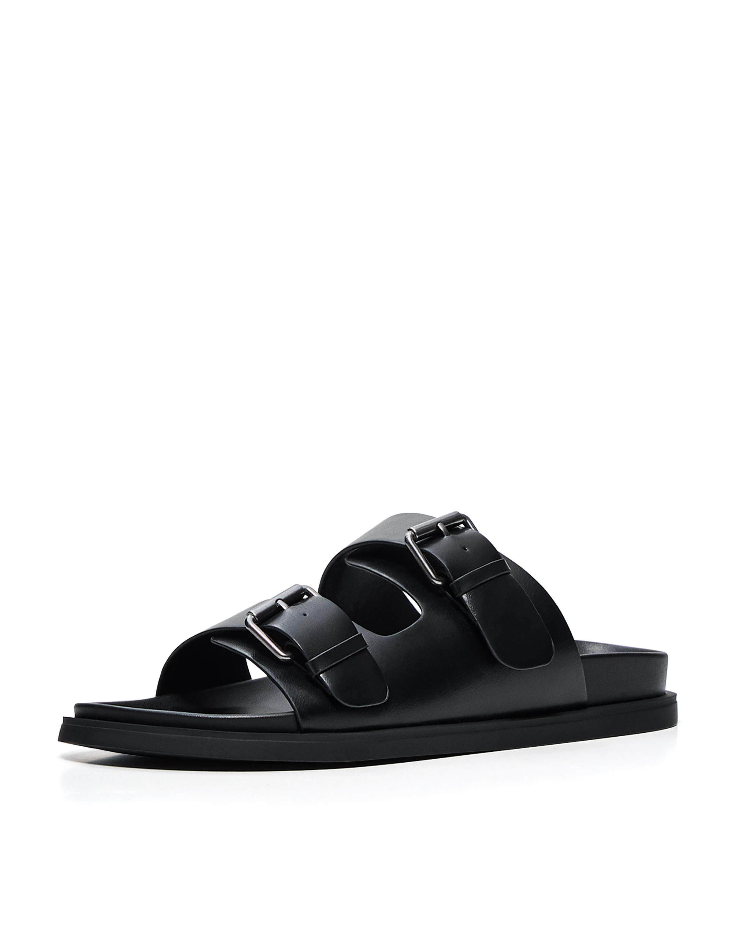 Buckled flat slider sandals — BLACK