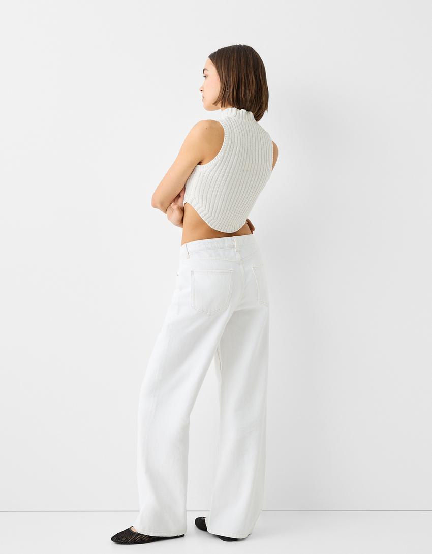 Sleeveless rustic ribbed mock turtleneck top-White