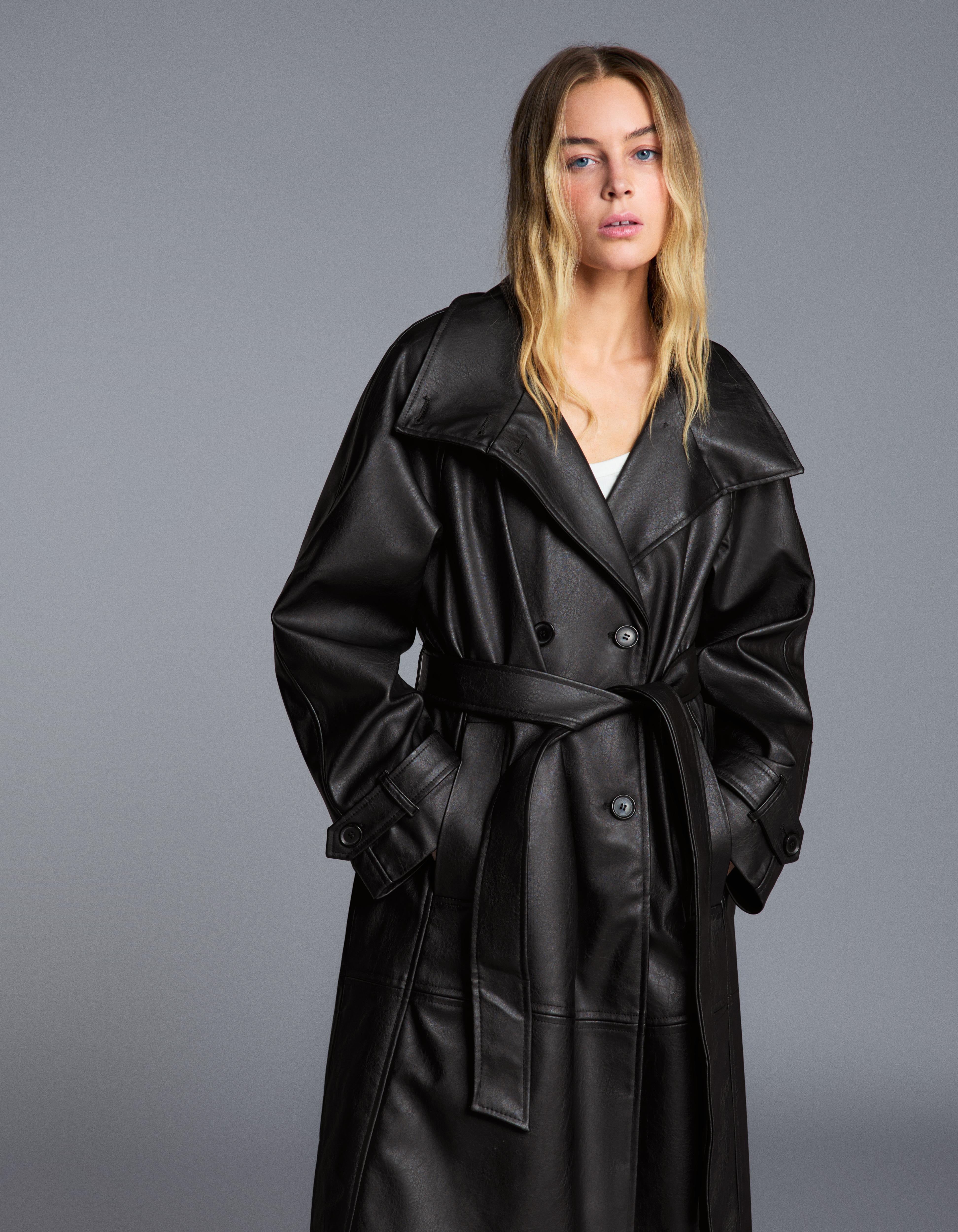 Long leather effect belt trench coat with funnel neck — Black