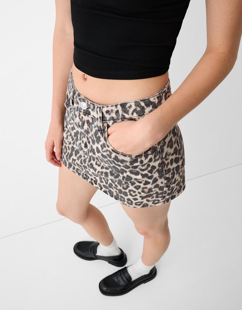 Desenli denim mini etek-Bej-2